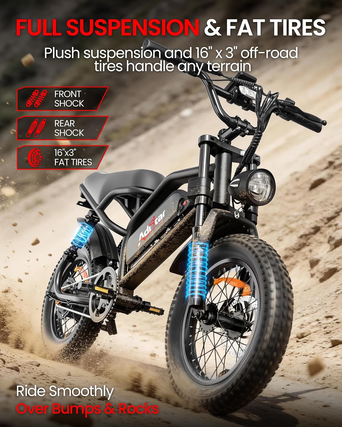 ADISTAR 16" Electric Bike,Peak 1500W,65 Miles Range,748.8Wh