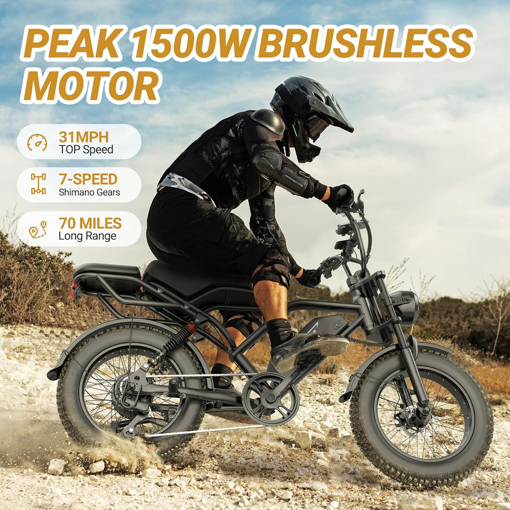Electric E-Bike | Full Suspension | 1500W Peak Motor | 31/25 mph Top Speed | 25–70 Range | 48V 960/748 Wh Removable Battery | LED Headlights | 20/16-Inch All-Terrain Fat Tires |